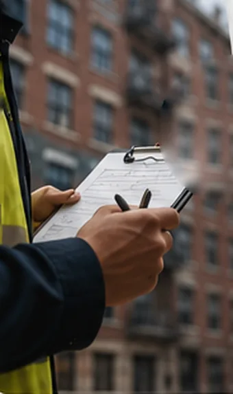 Findings recorded on a clipboard below the elevation