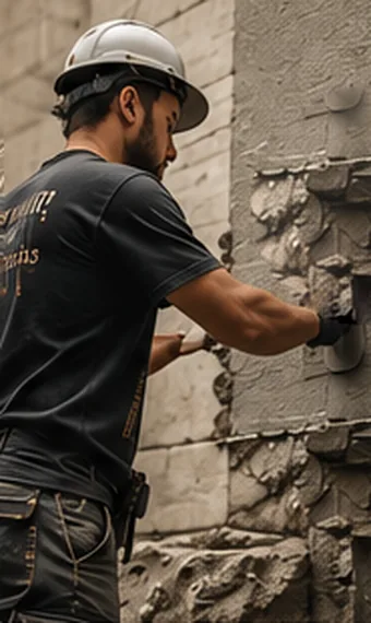 A tradesman repairing the wall face by hand